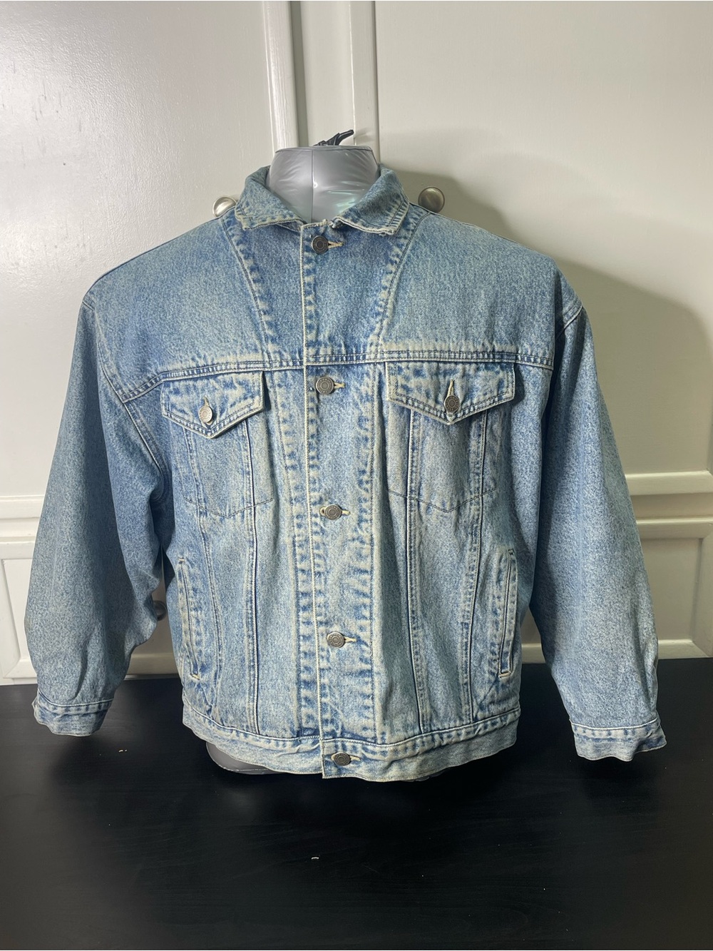 VINTAGE 1990 GAP MENS DENIM JACKET PLAID BLANKET LINED GF BUTTON-L Trucker